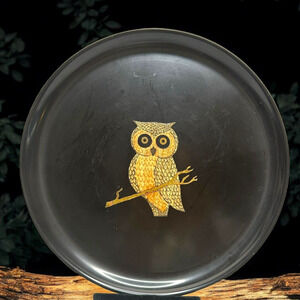 Vintage Couroc of Monterey MCM Owl Tray Mid Century Modern 10.5 Inch Diam 1960s